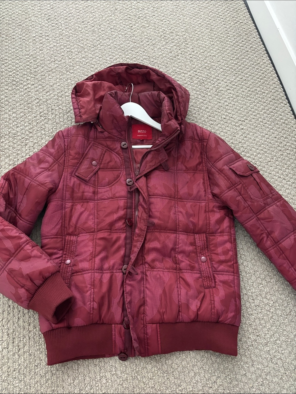 Men's Maroon Quilted Hooded Bomber Jacket